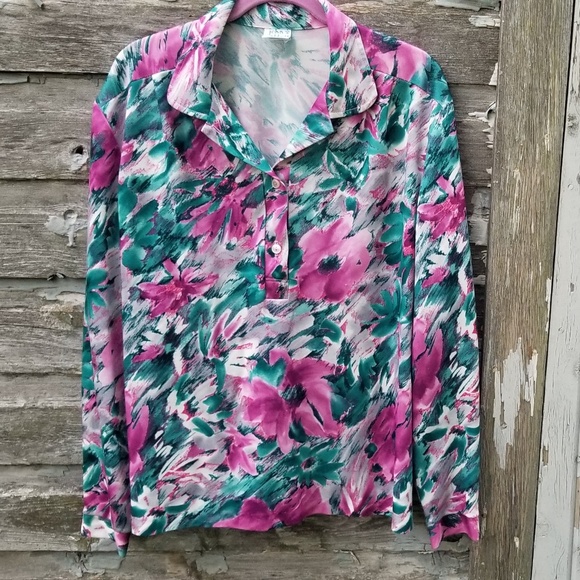 Vintage Abstract Floral Long Sleeve Blouse - Picture 1 of 4